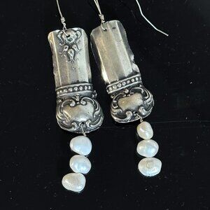 Natural Pearl Gemstone Sterling Silver 925 Earrings Handmade Victorian Spoon